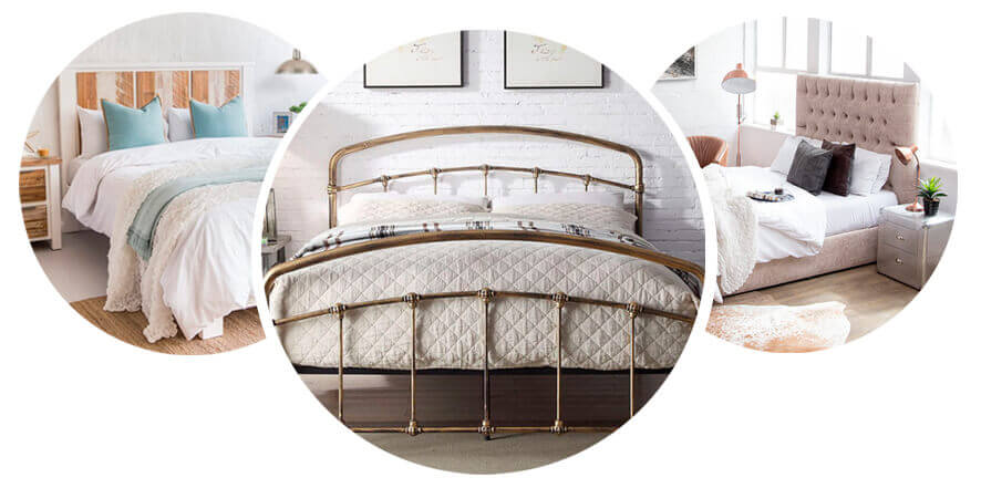 Three close ups of different beds - one is wooden, middle one is a metal bed and upholstered brown bed to the right